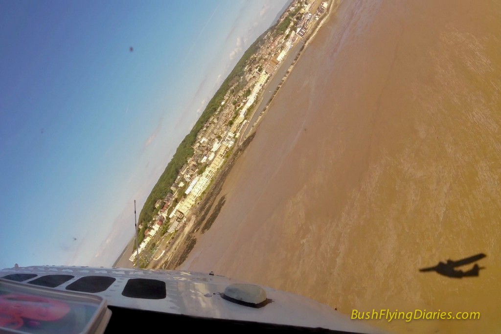 Cockpit view from a PBY Catalina over Weston-Super-Mare beach 